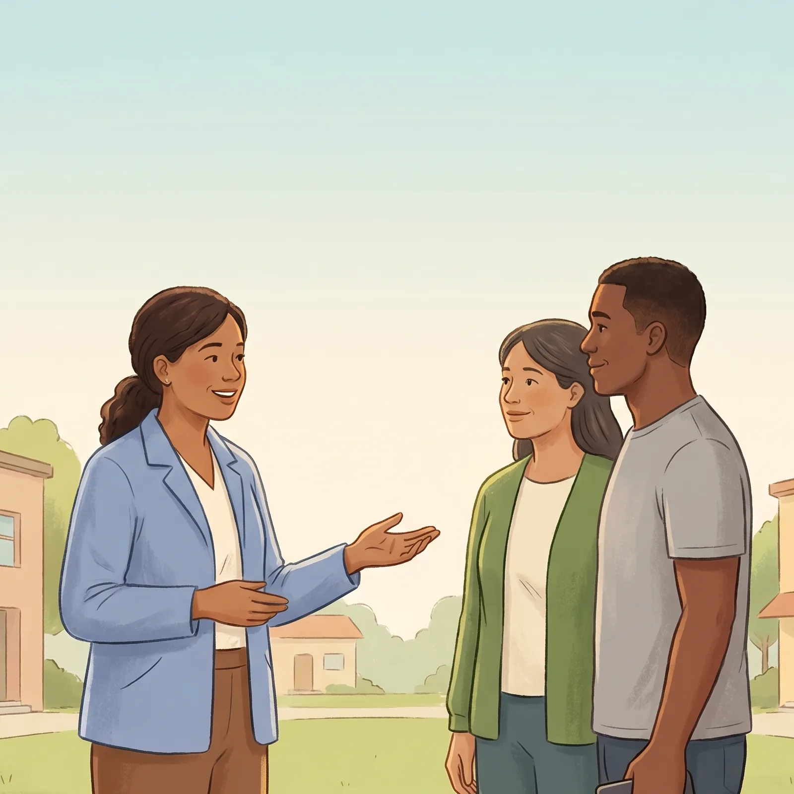 A public health worker in conversation with two residents on a neighbourhood street.